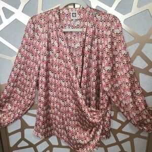 NWOT ANNE KLEIN Latte Multicolored Leopard Print Wrap Front Blouse
